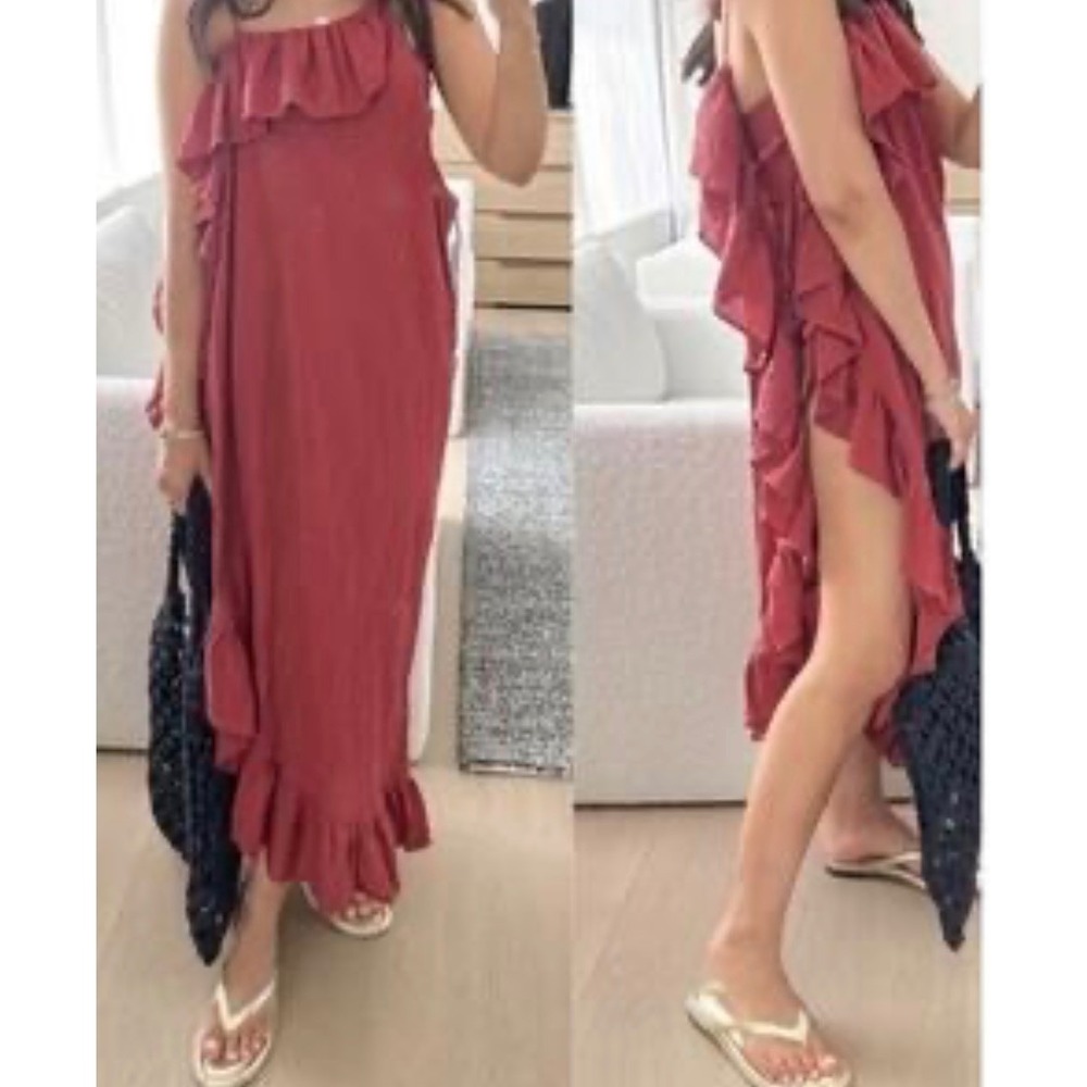 J.Crew One Shoulder Ruffle Midi Dress Swim Coverup Red Cotton Gauze XS Vacation